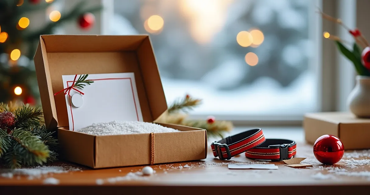 Geöffnete Geschenkschachtel mit Weihnachtskarte und Kunstschnee, daneben ein Hundehalsband und eine Christbaumkugel im Fensterlicht