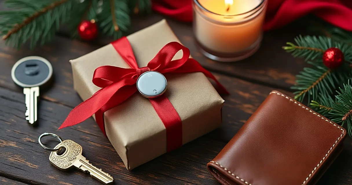 Weihnachtlich verpacktes Geschenk mit kleinem runden Bluetooth-Tag neben Schlüssel und Geldbörse auf einem Holztisch